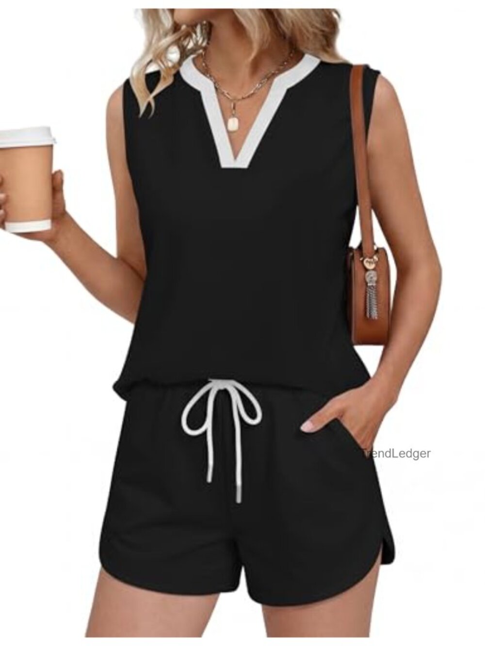 Women's 2 Piece Short Set V Neck Tank Top and Shorts Lounge Travel Outfit